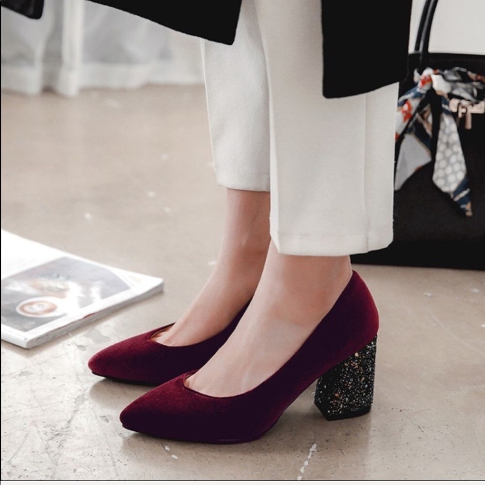 Velvet Sparkle Chunky Heel Holiday Pumps 3 Colors - Picture 4 of 8